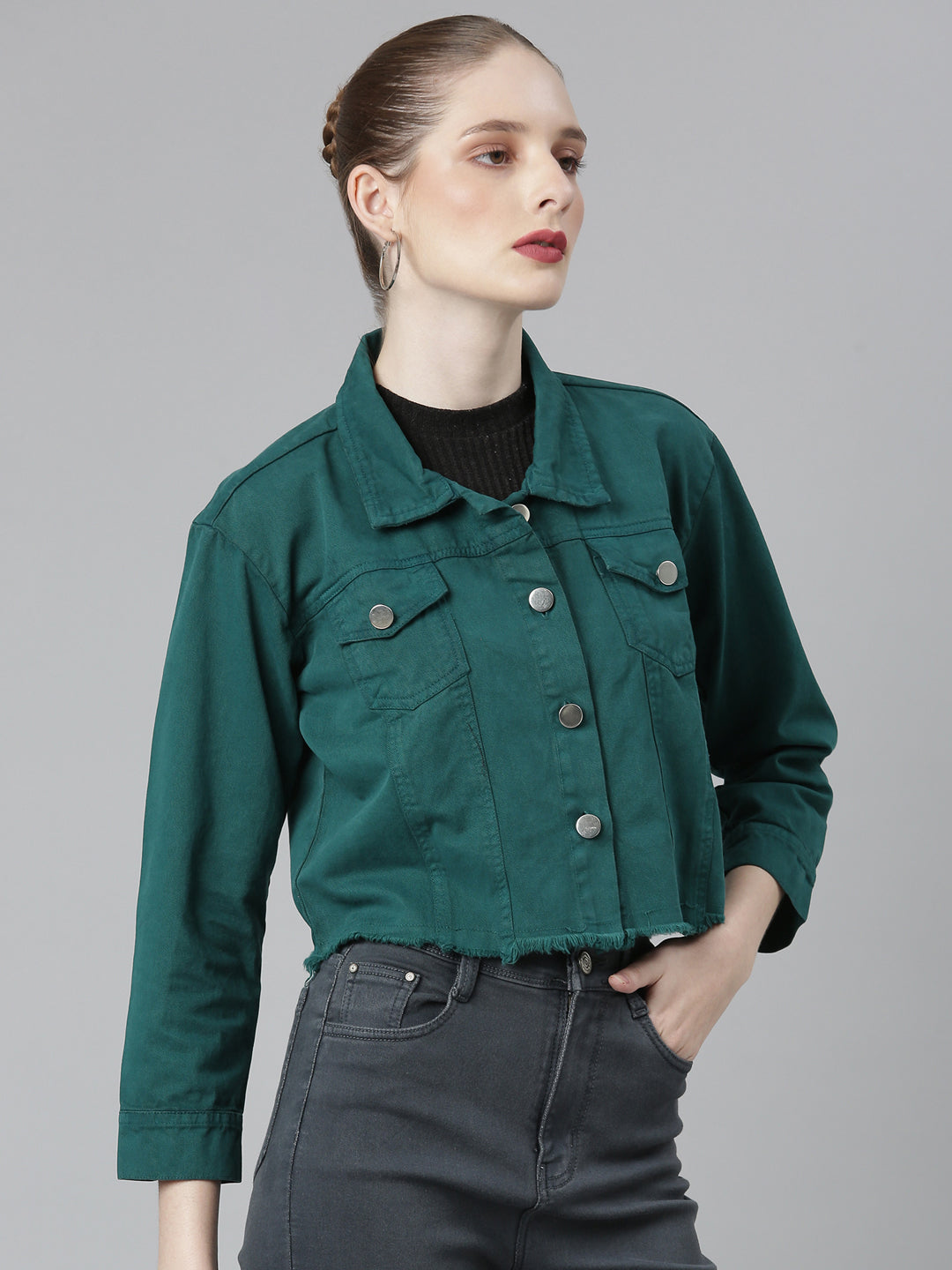 Women Teal Solid Denim Jacket