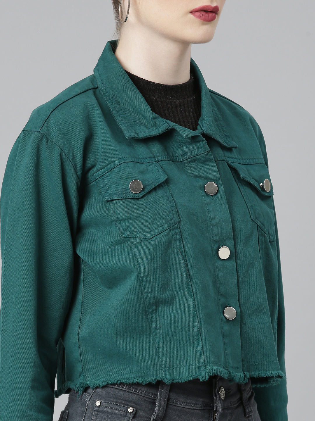 Women Teal Solid Denim Jacket