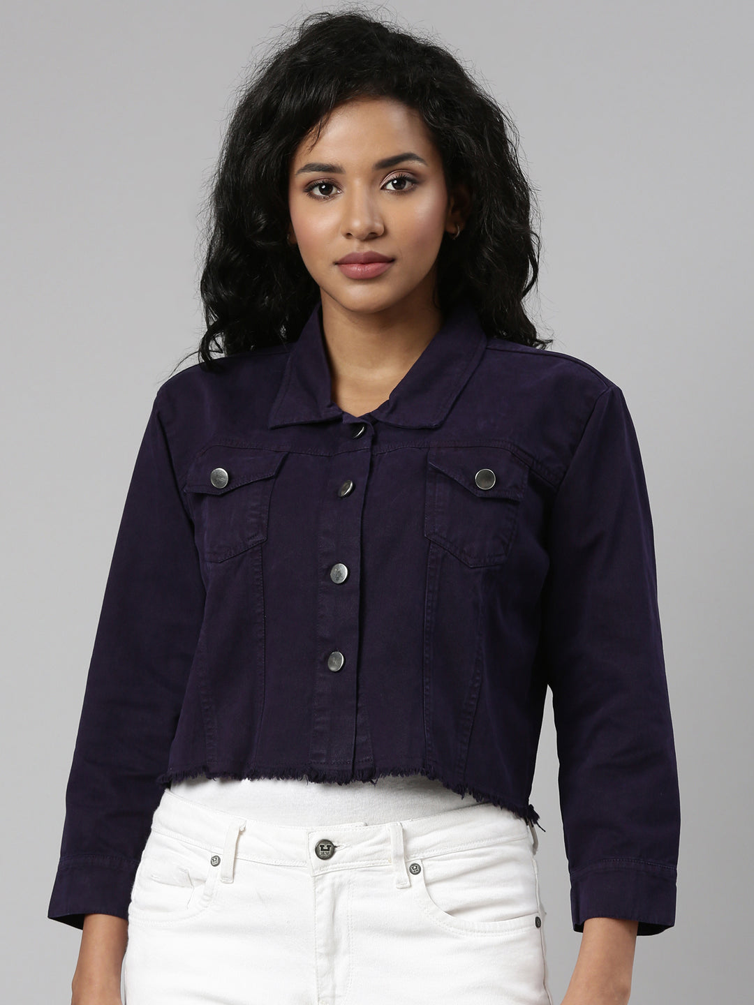 Women Violet Solid Denim Jacket