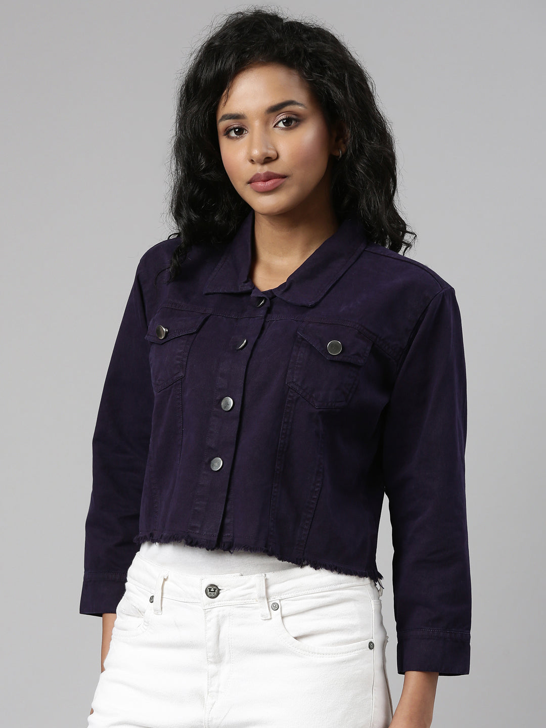 Women Violet Solid Denim Jacket