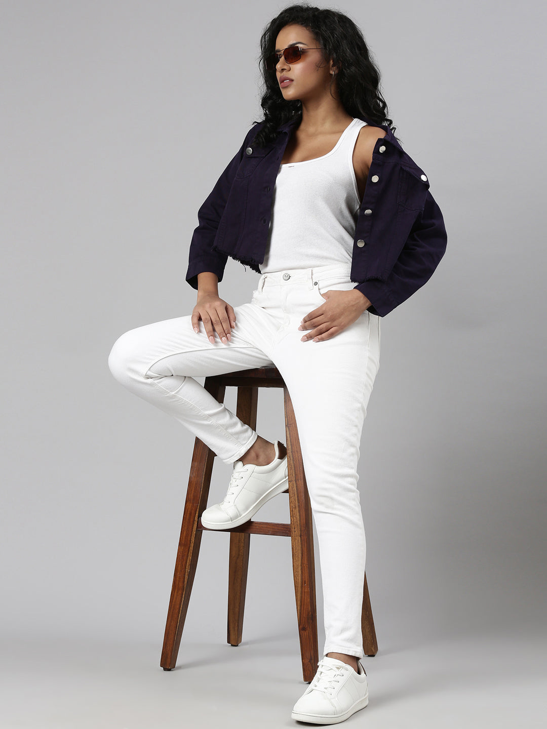 Women Violet Solid Denim Jacket