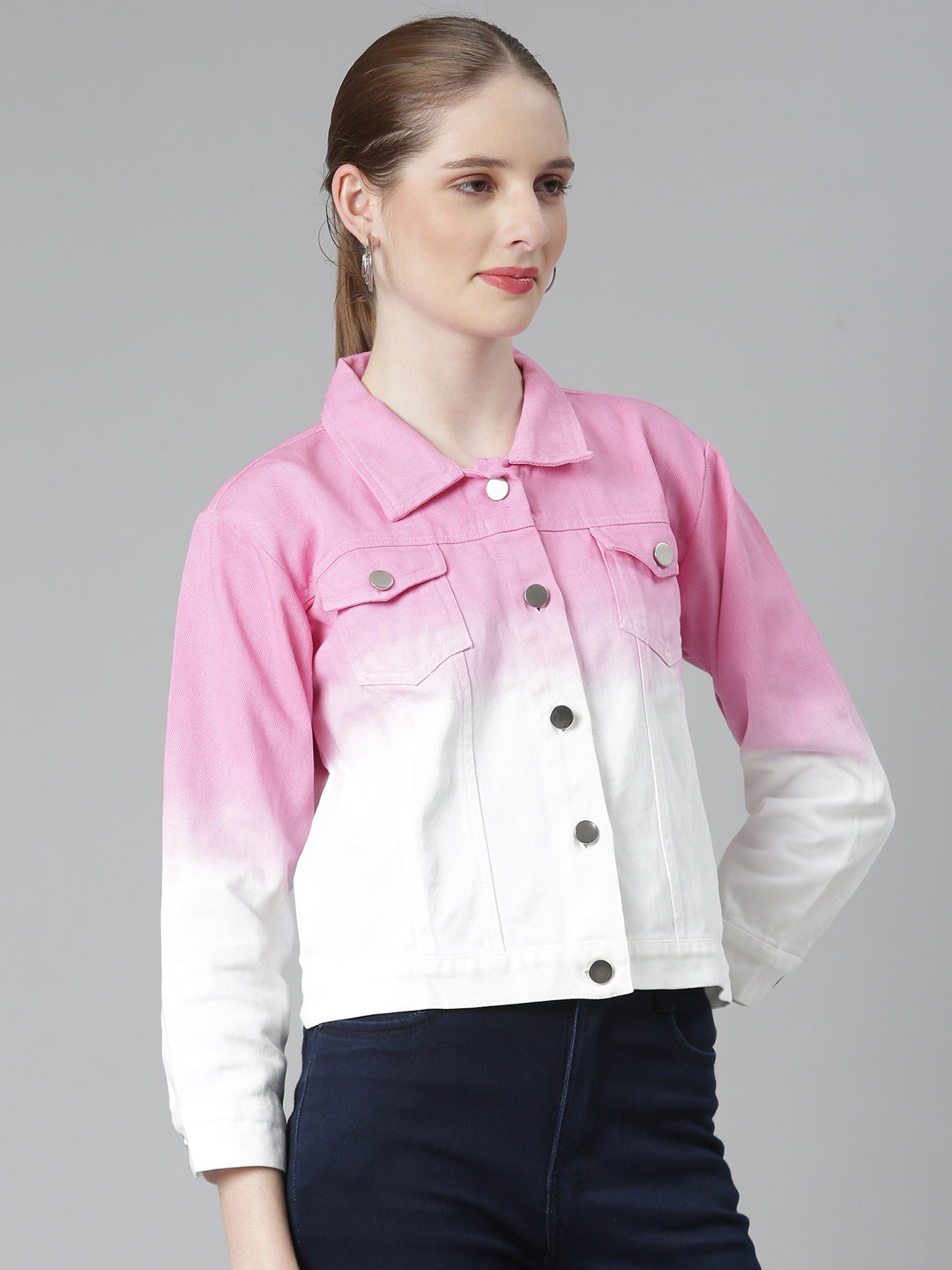 Women's Pink Colour blocked Crop Denim Jacket