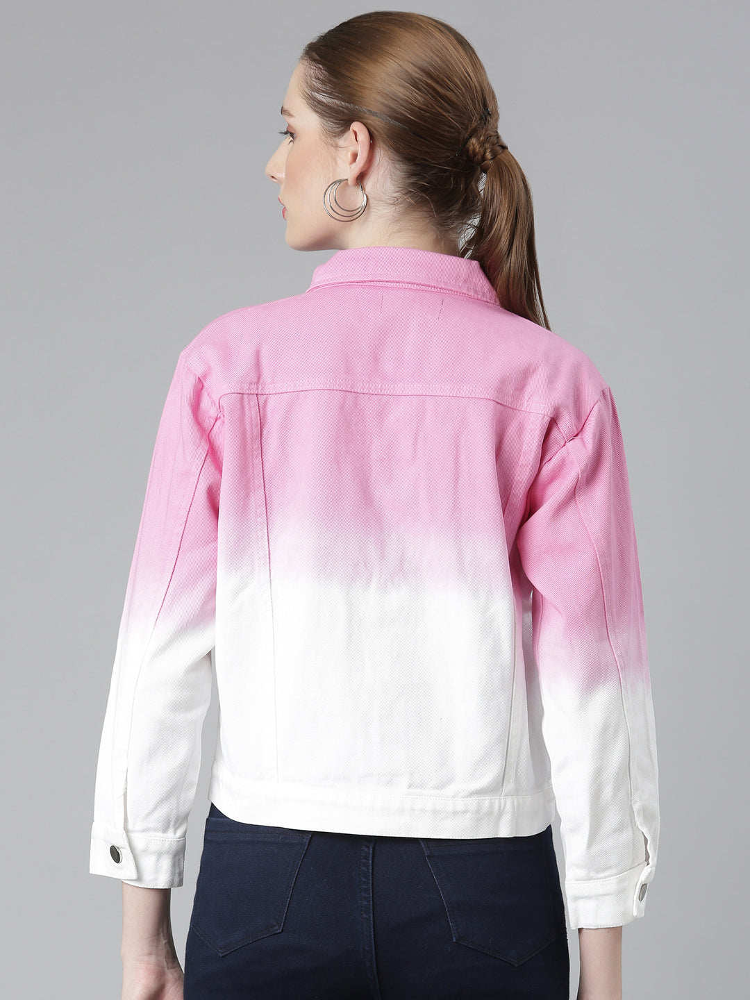 Women's Pink Colour blocked Crop Denim Jacket