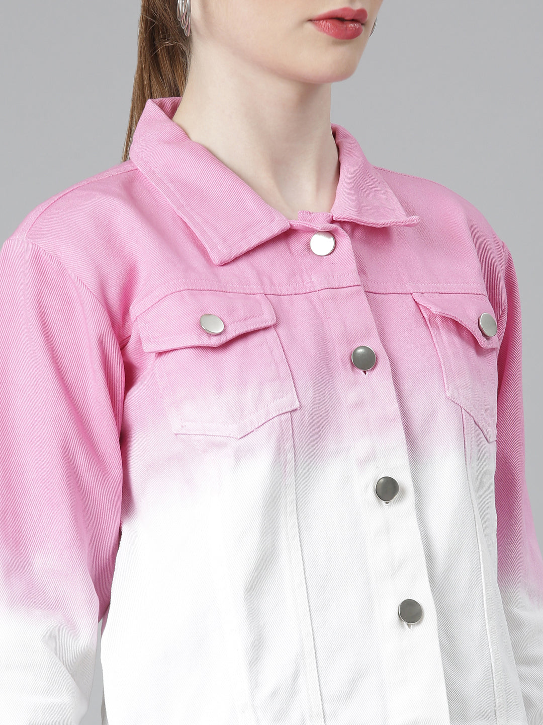 Women's Pink Colour blocked Crop Denim Jacket