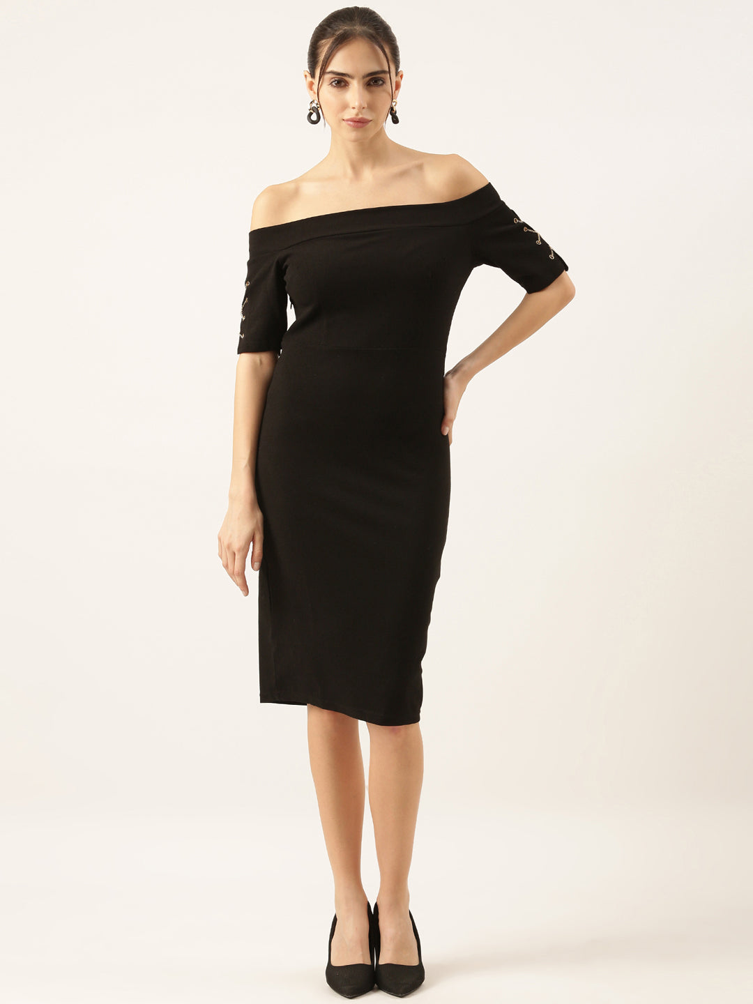 Stunning Women's Black Solid Off-Shoulder Sheath Dress Showoffff