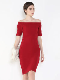 Women's Red Off-Shoulder Scuba Sheath Dress