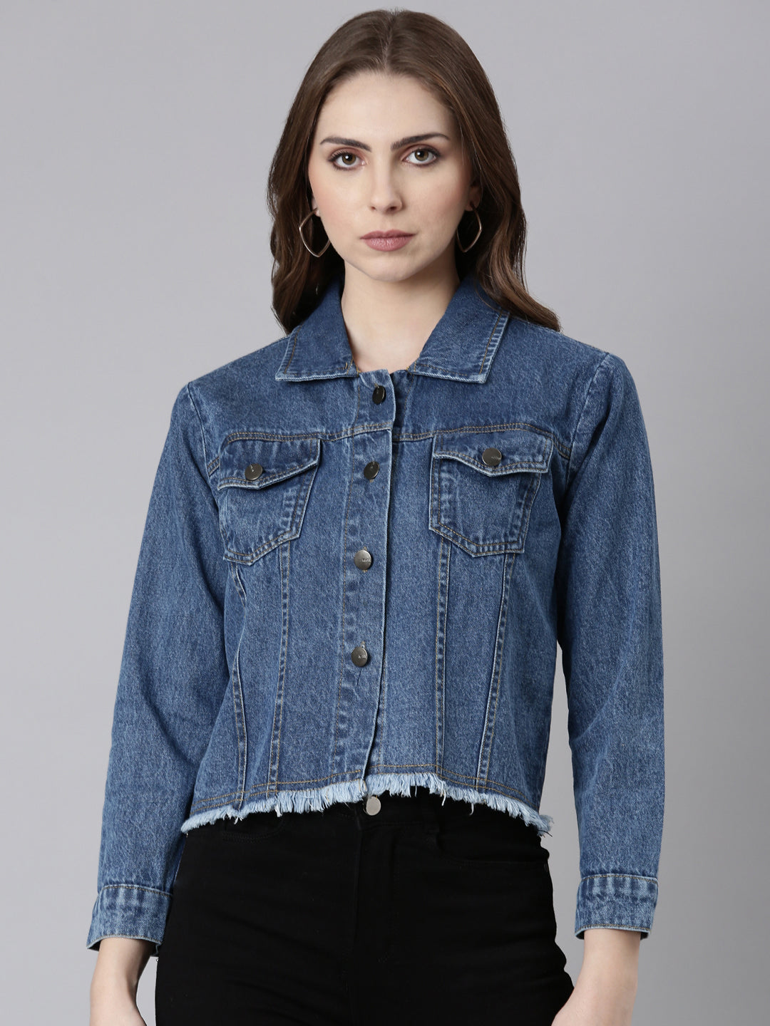 Women Blue Solid Denim Jacket