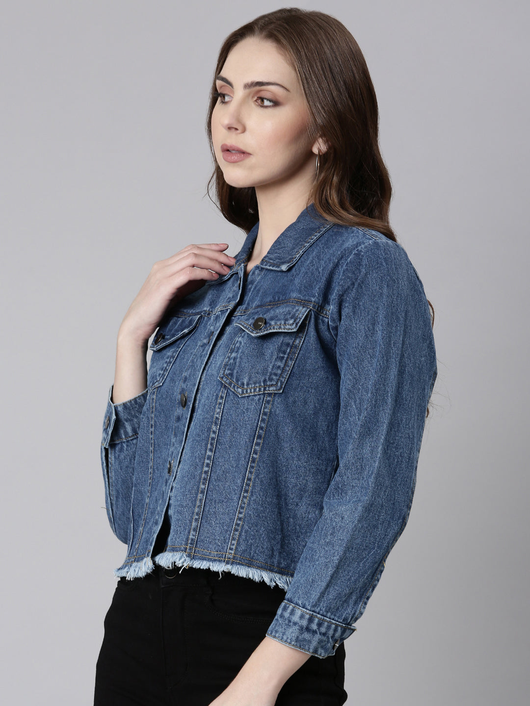 Women Blue Solid Denim Jacket