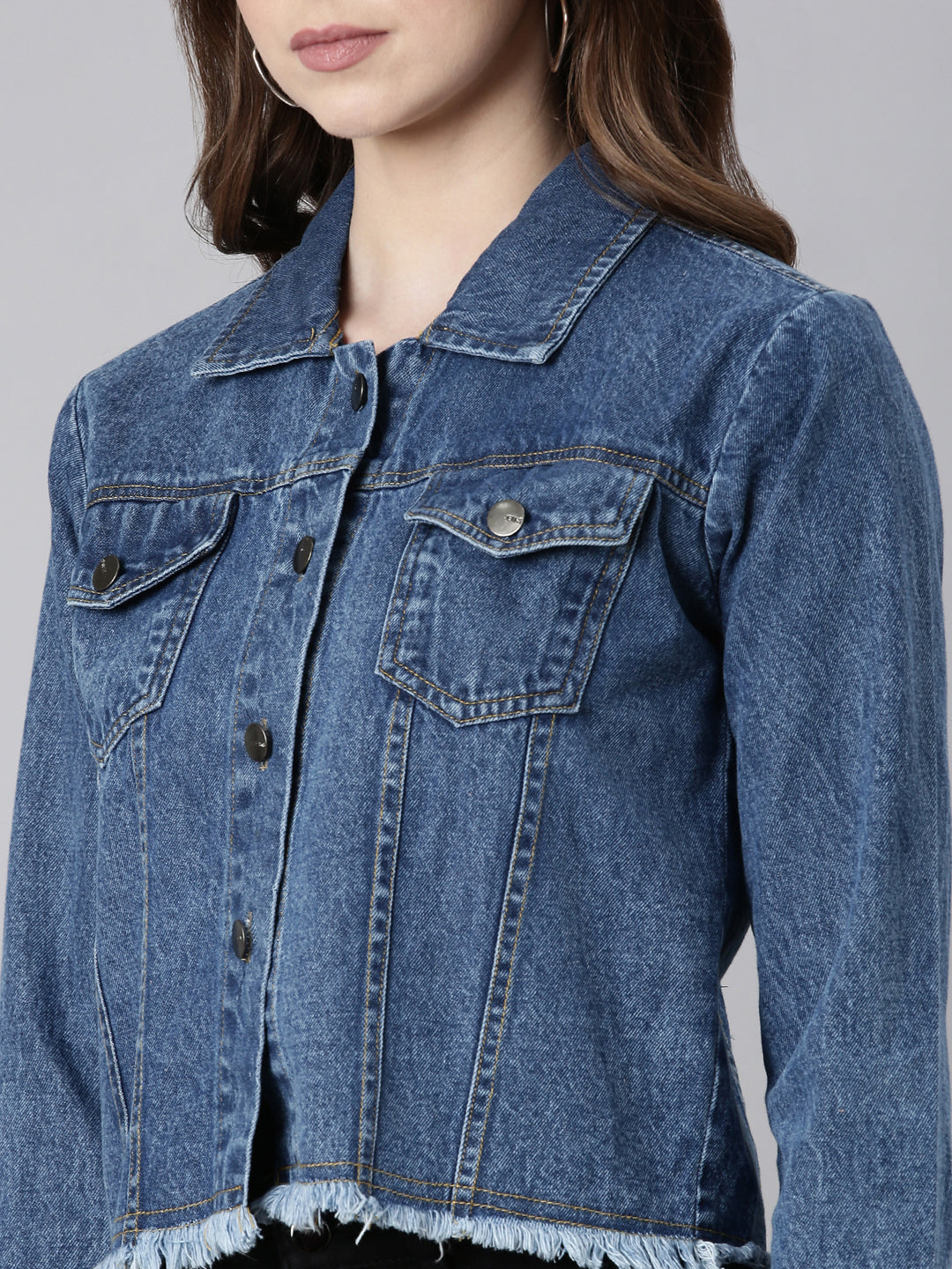 Women Blue Solid Denim Jacket