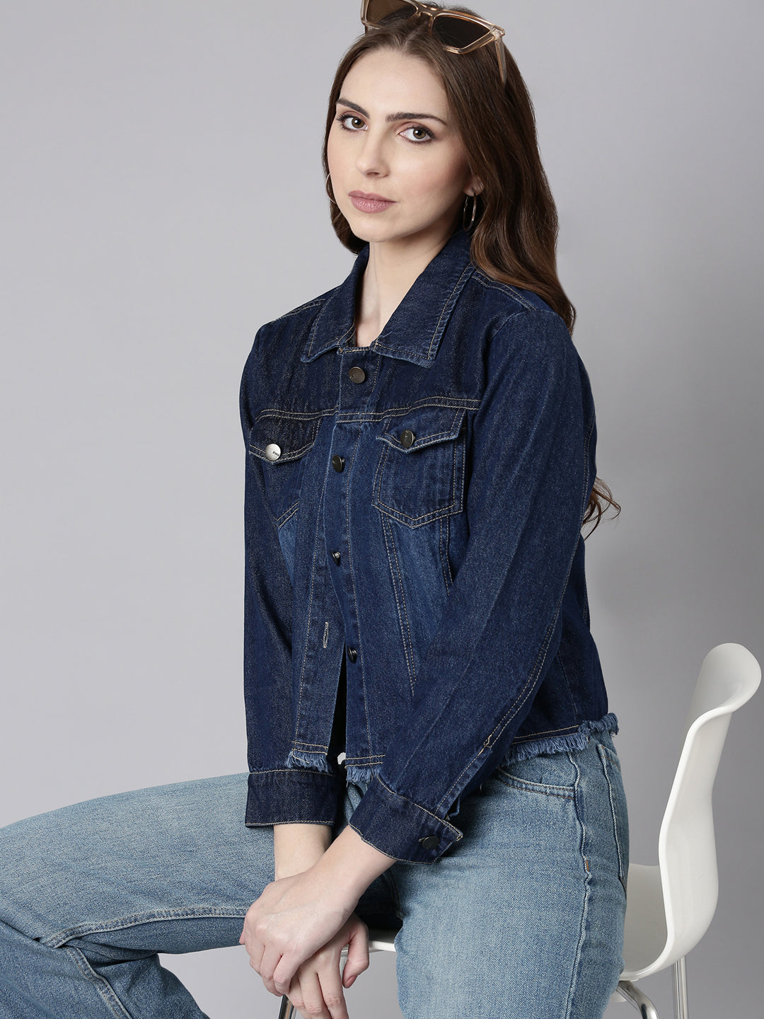 Women Navy Blue Solid Denim Jacket