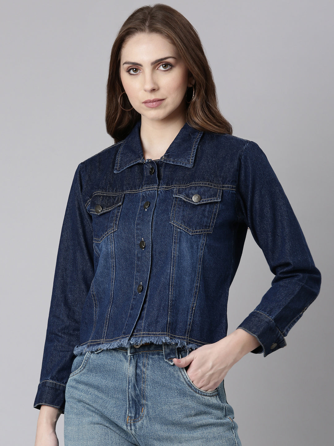 Women Navy Blue Solid Denim Jacket