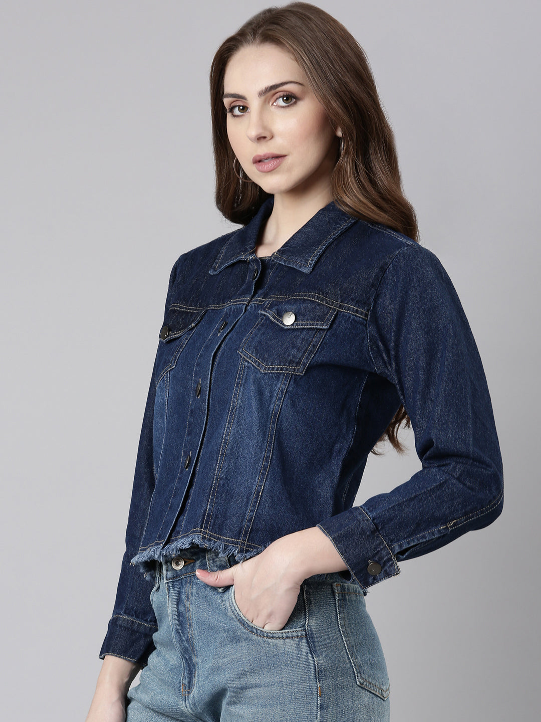 Women Navy Blue Solid Denim Jacket