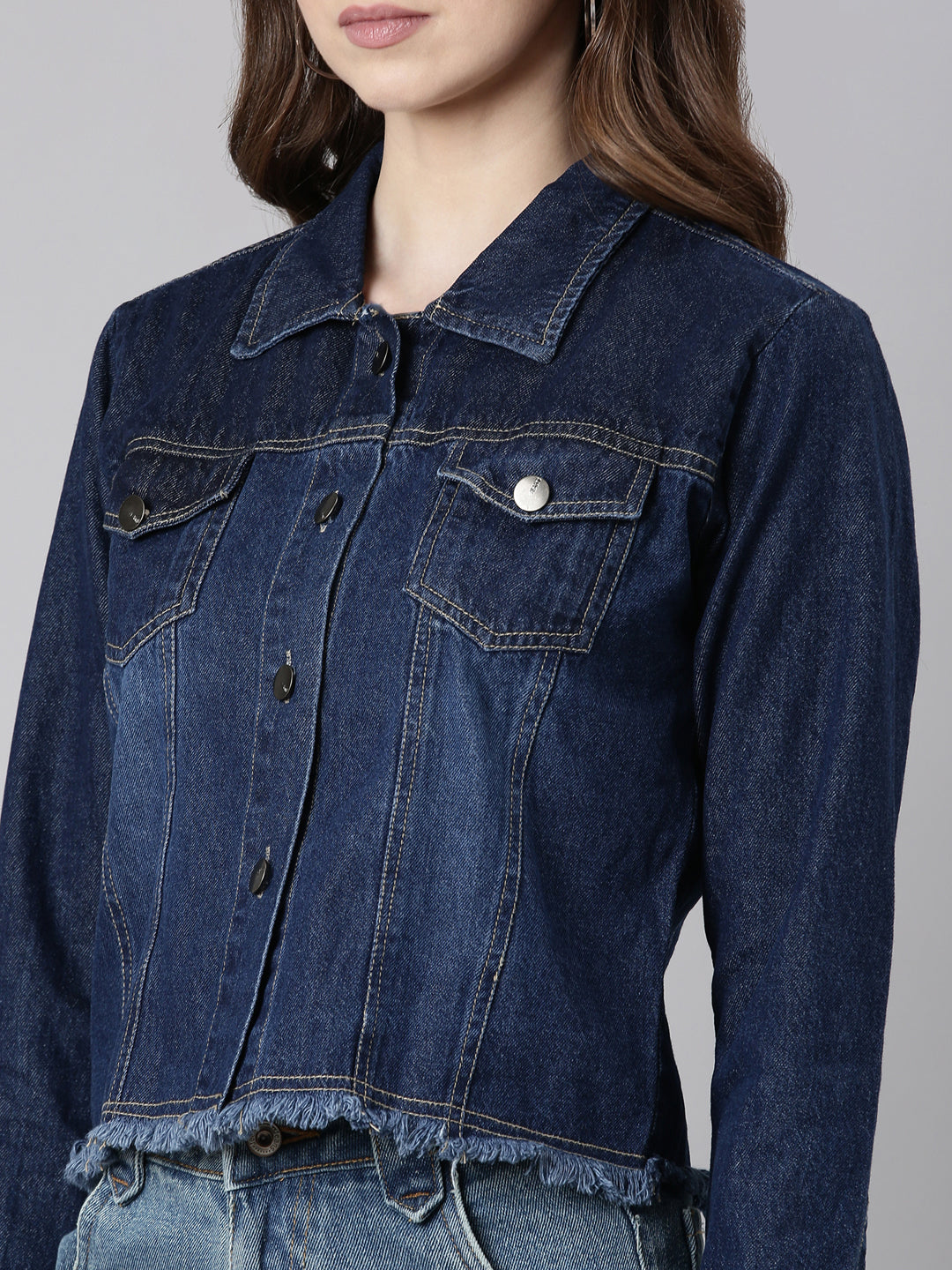 Women Navy Blue Solid Denim Jacket