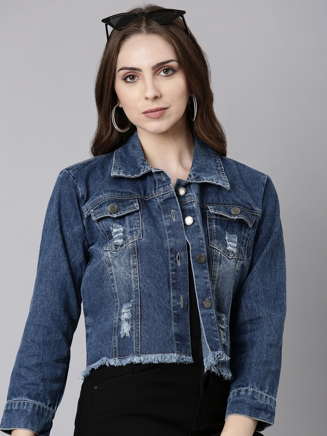 Women Blue Solid Denim Jacket