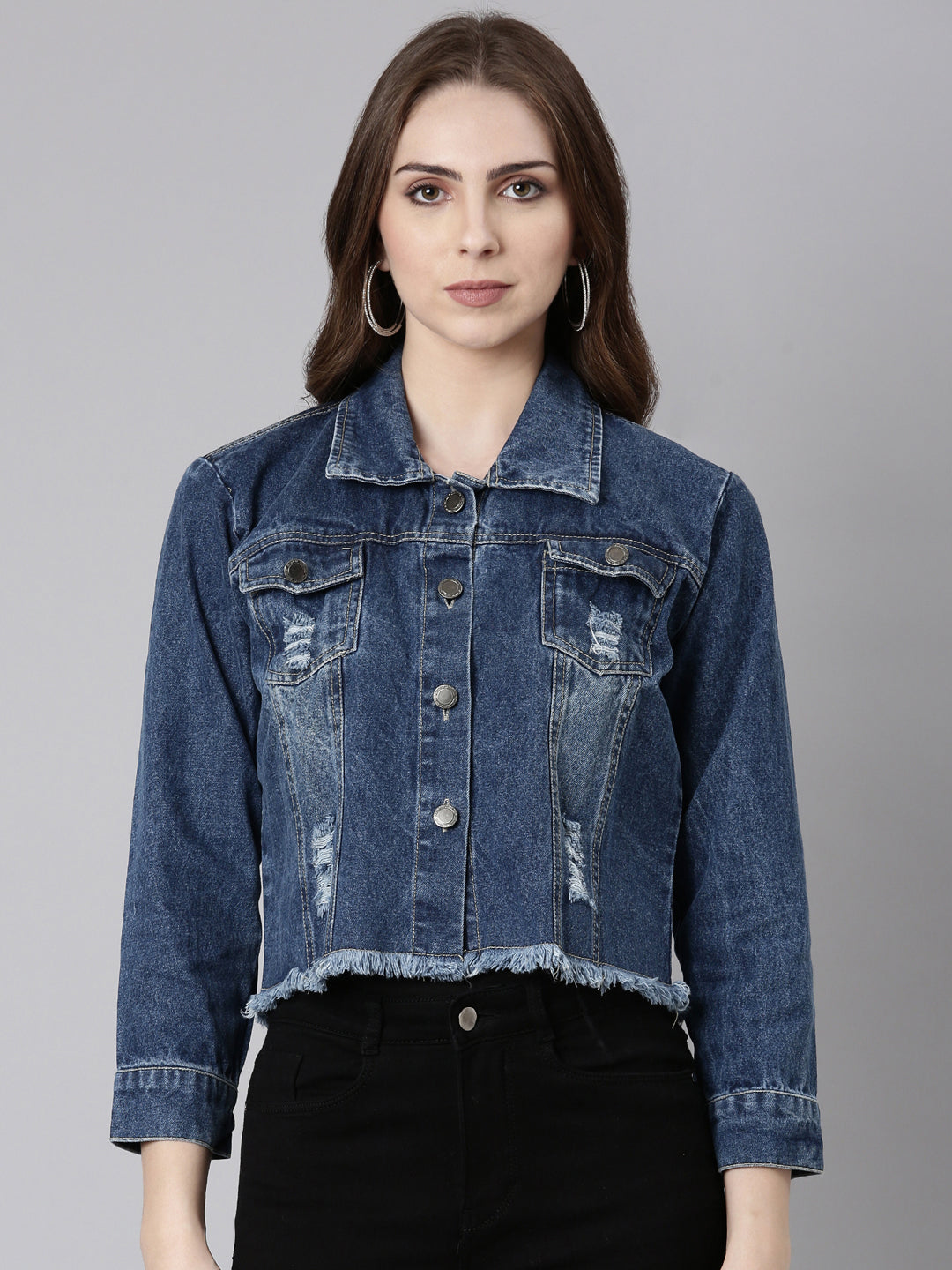 Women Blue Solid Denim Jacket