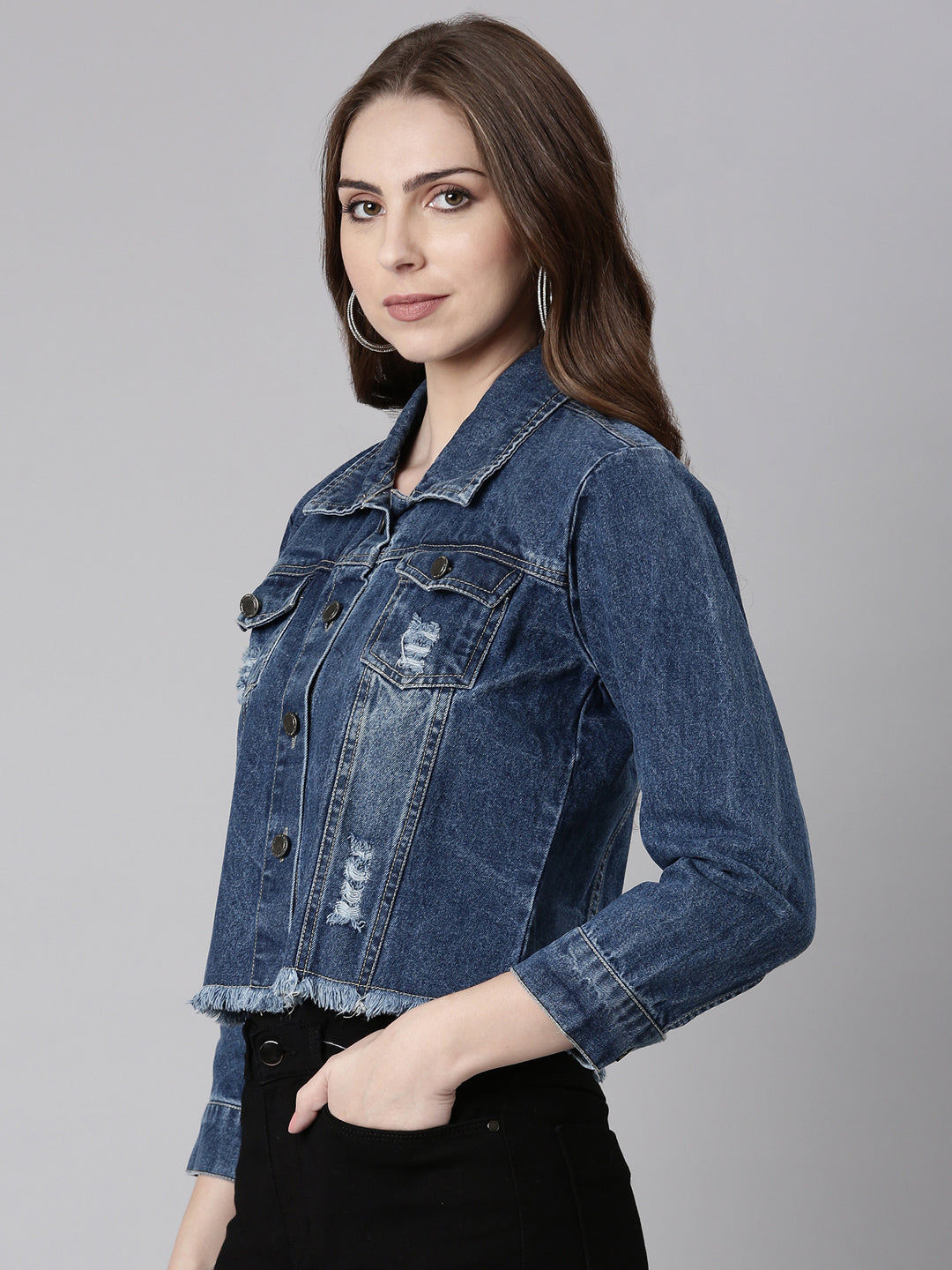 Women Blue Solid Denim Jacket