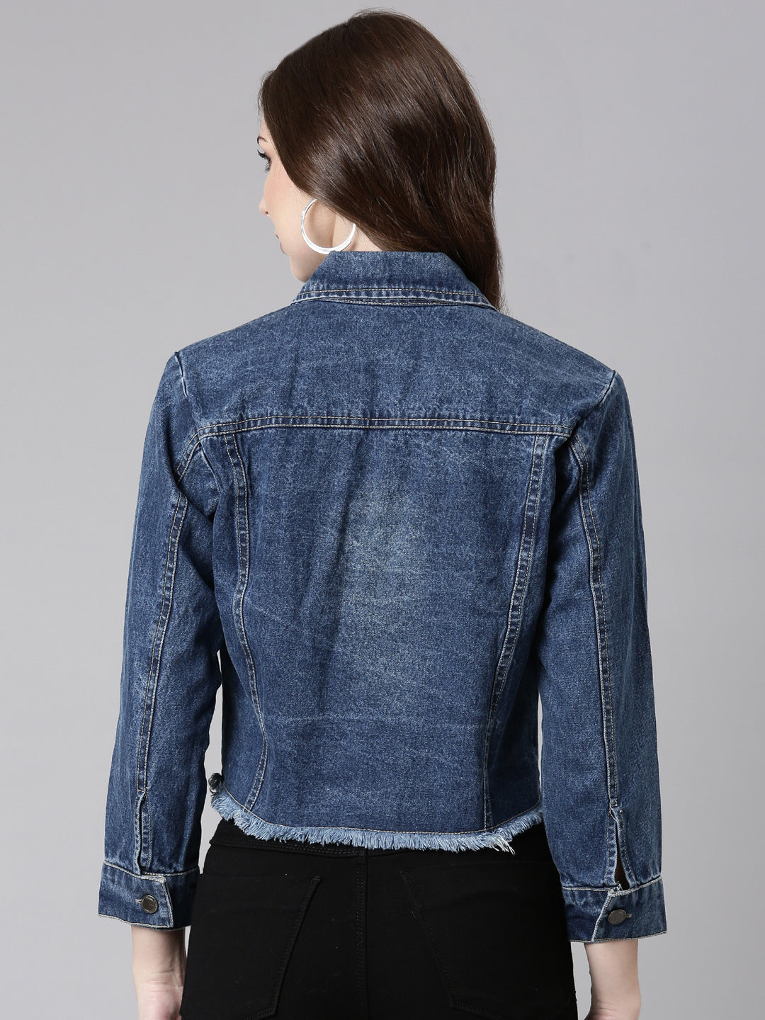 Women Blue Solid Denim Jacket