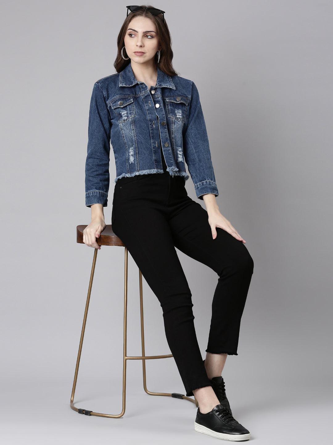 Women Blue Solid Denim Jacket