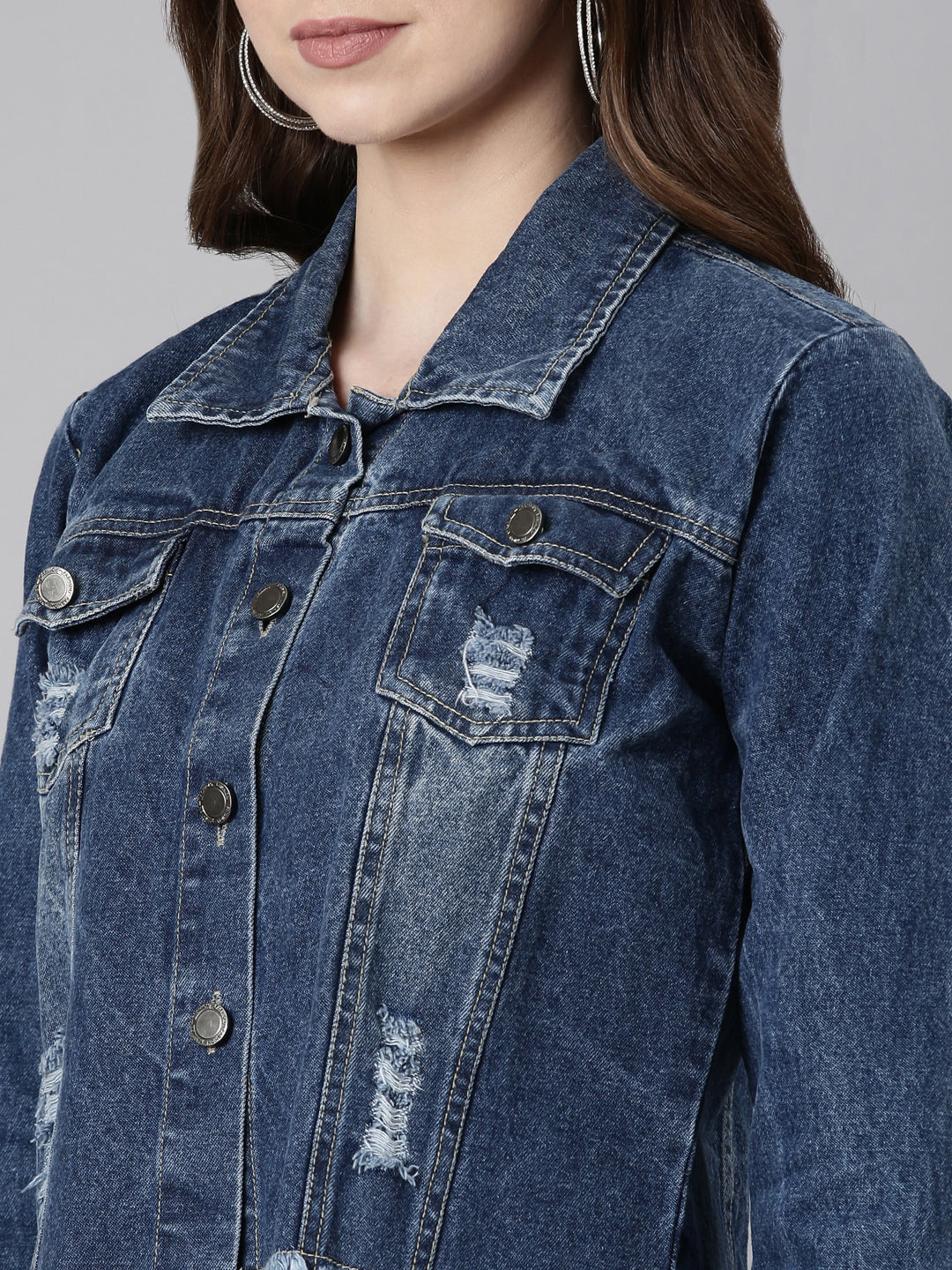 Women Blue Solid Denim Jacket