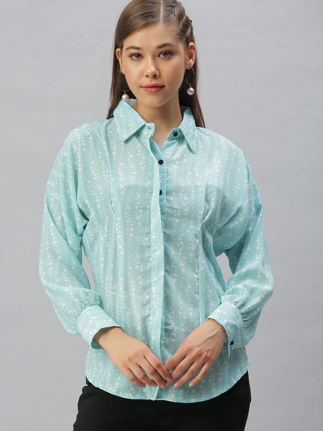 Women Slim Fit Blue Polka Dots Shirt