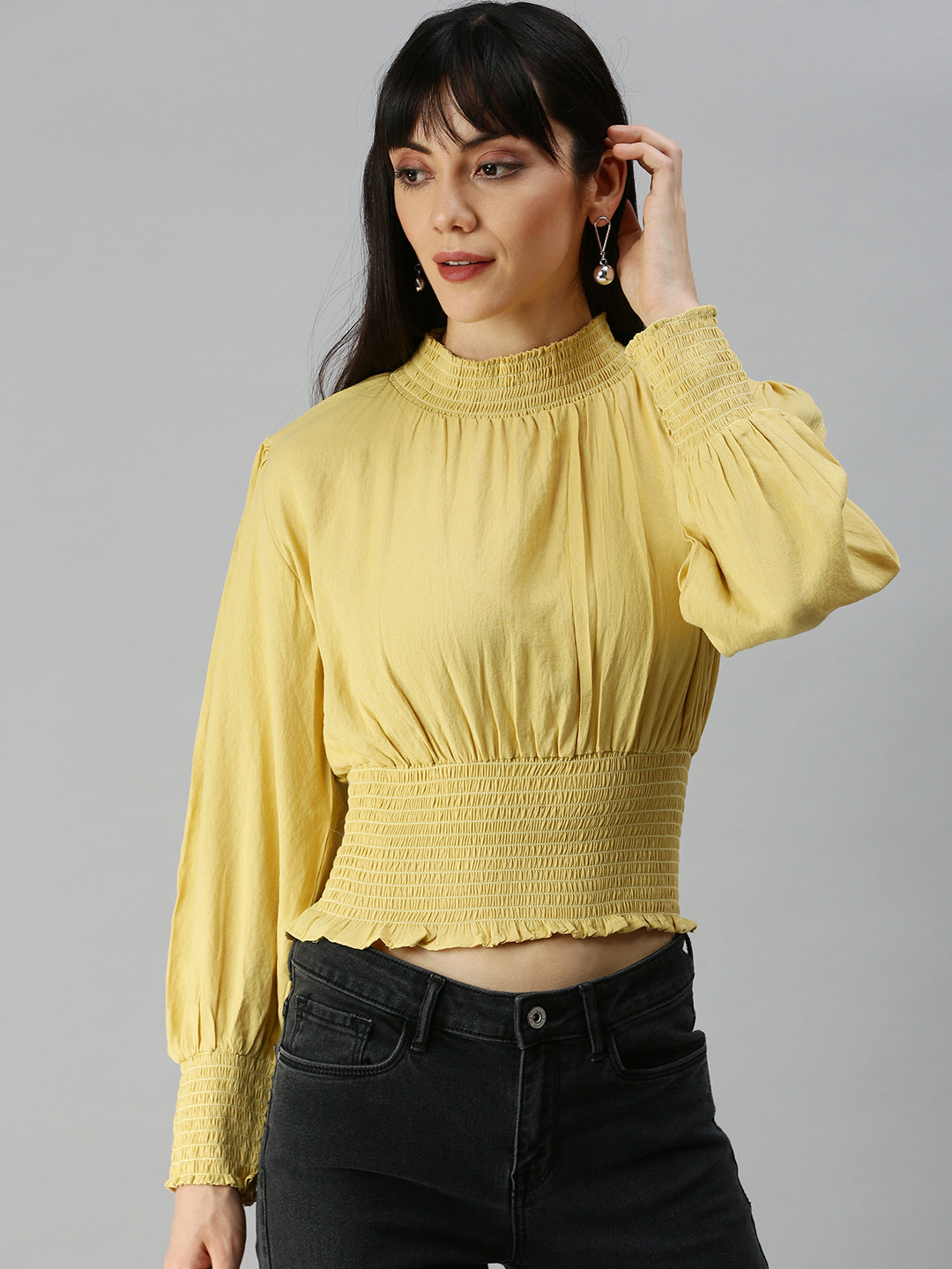 Women High Neck Solid Yellow Cinched Waist Top