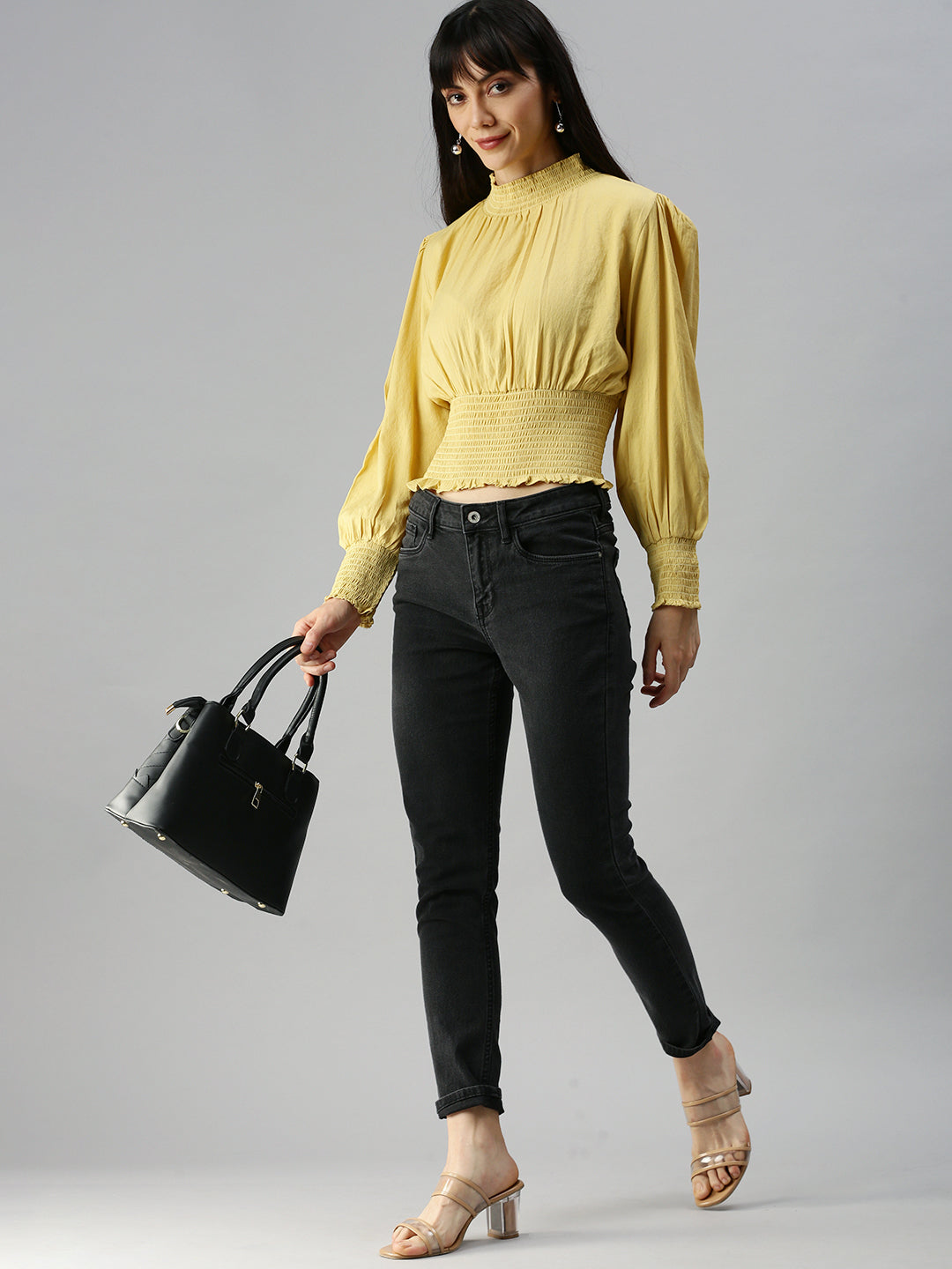 Women High Neck Solid Yellow Cinched Waist Top