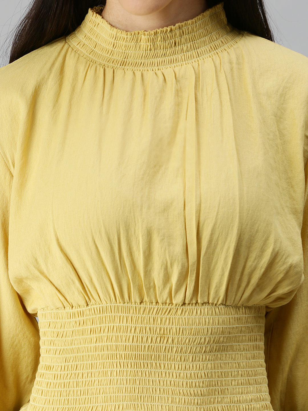 Women High Neck Solid Yellow Cinched Waist Top