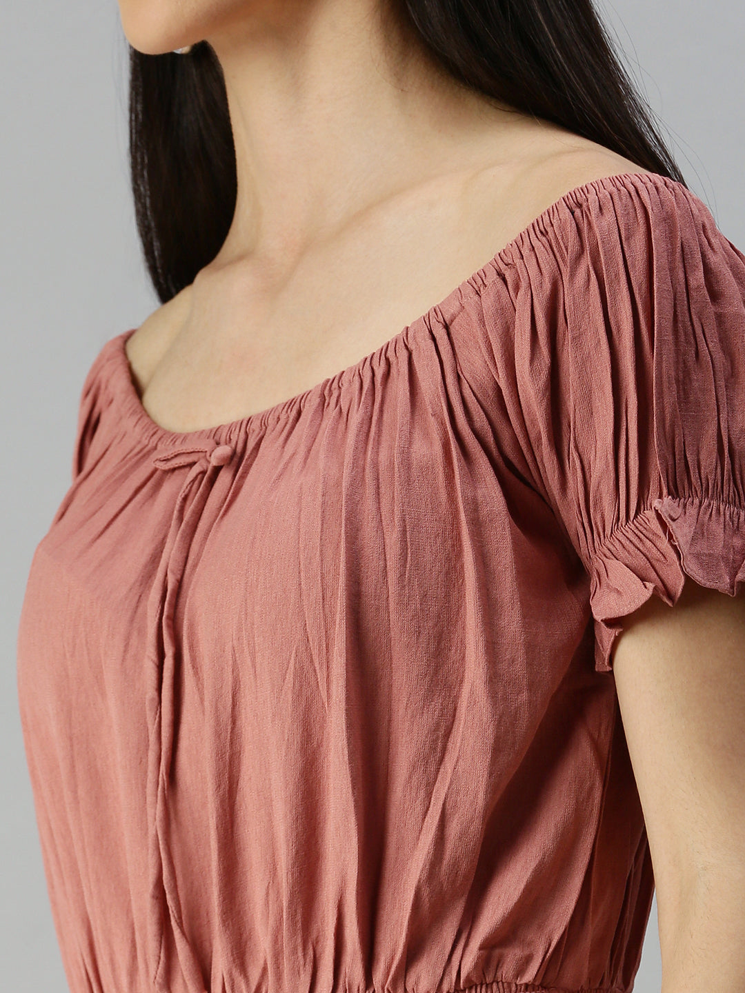 Women Boat Neck Solid Taupe Cinched Waist Top