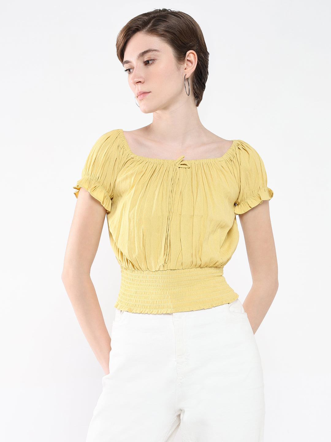 Women Boat Neck Solid Yellow Cinched Waist Top