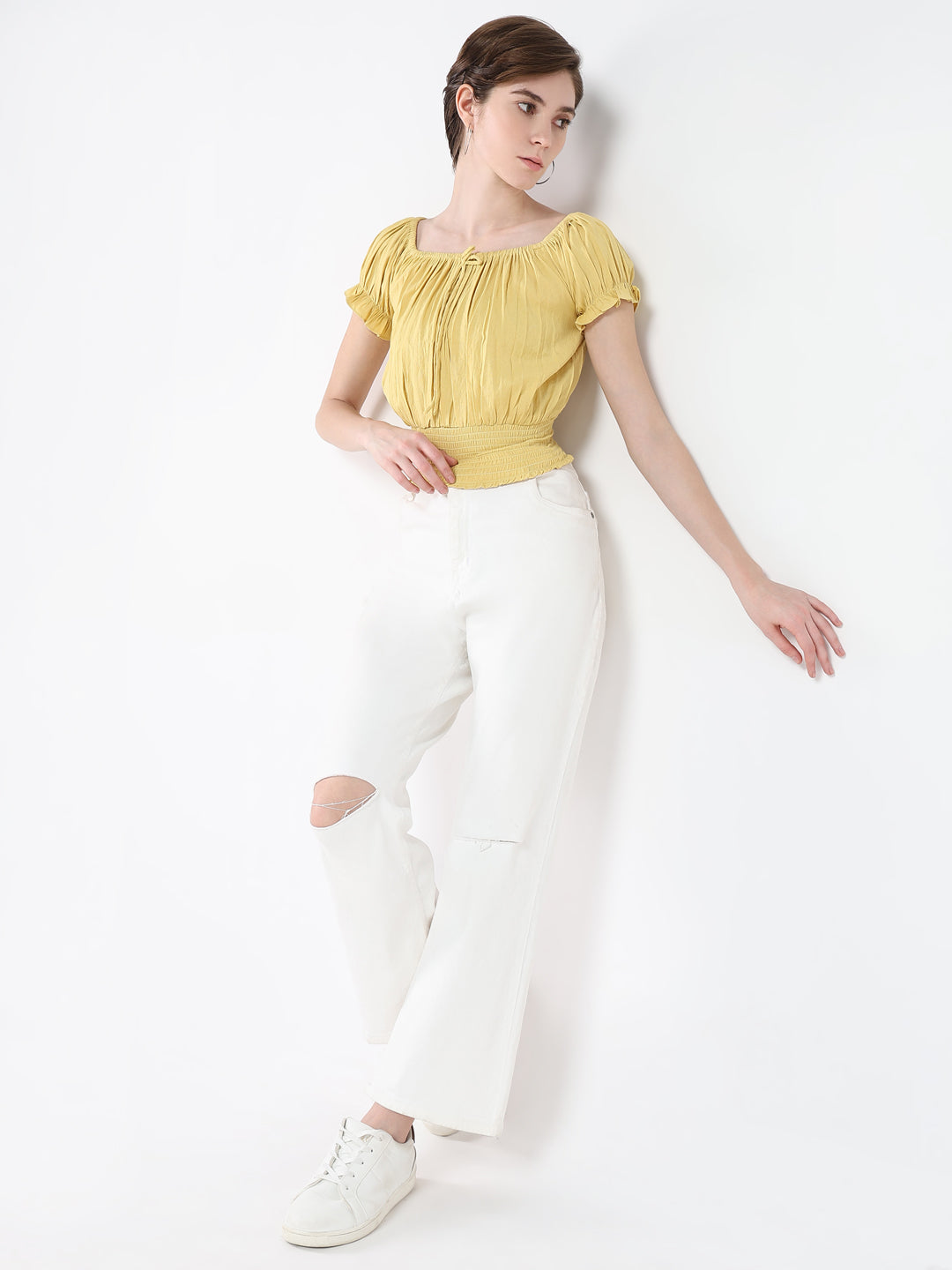 Women Boat Neck Solid Yellow Cinched Waist Top