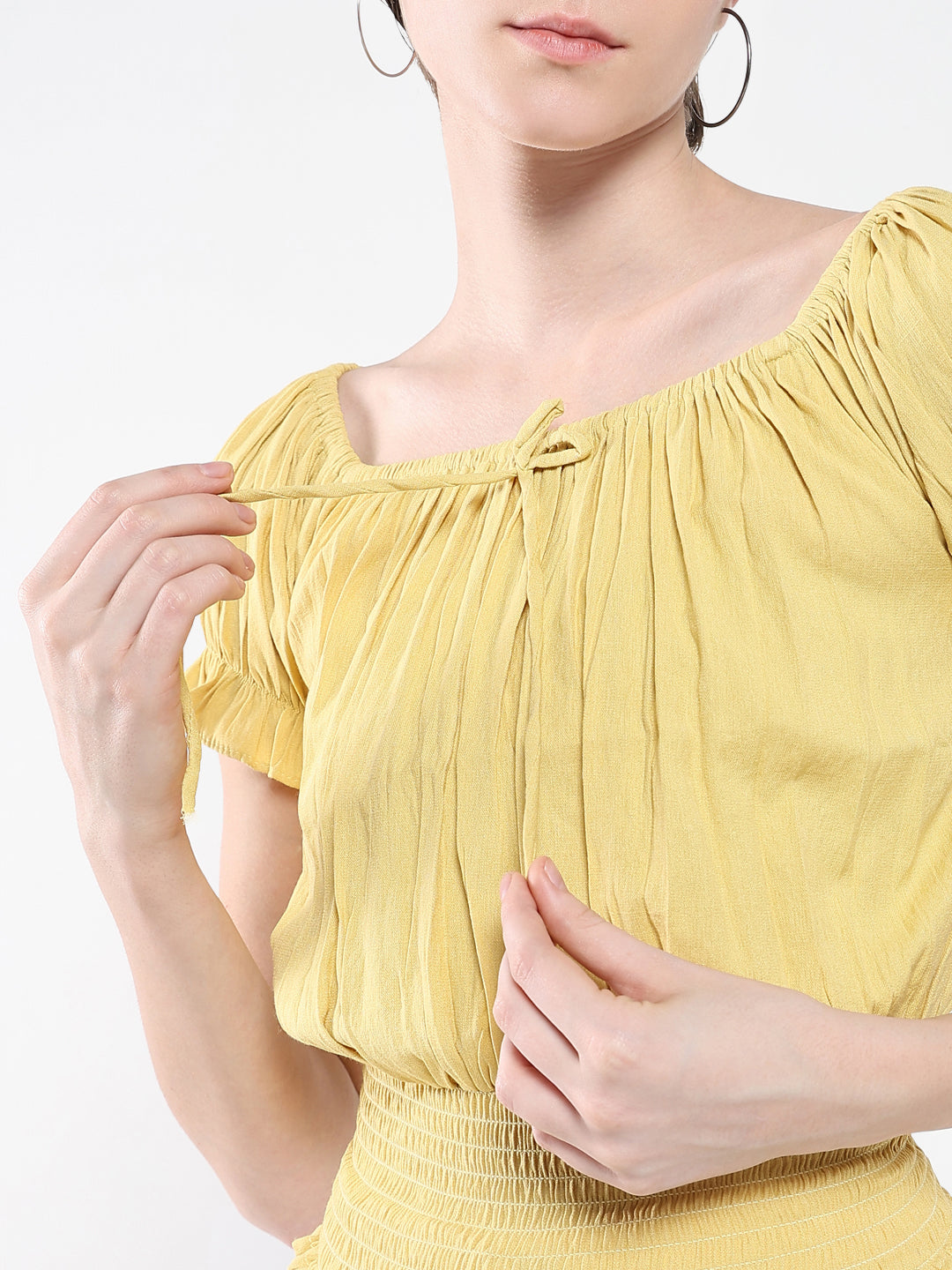 Women Boat Neck Solid Yellow Cinched Waist Top