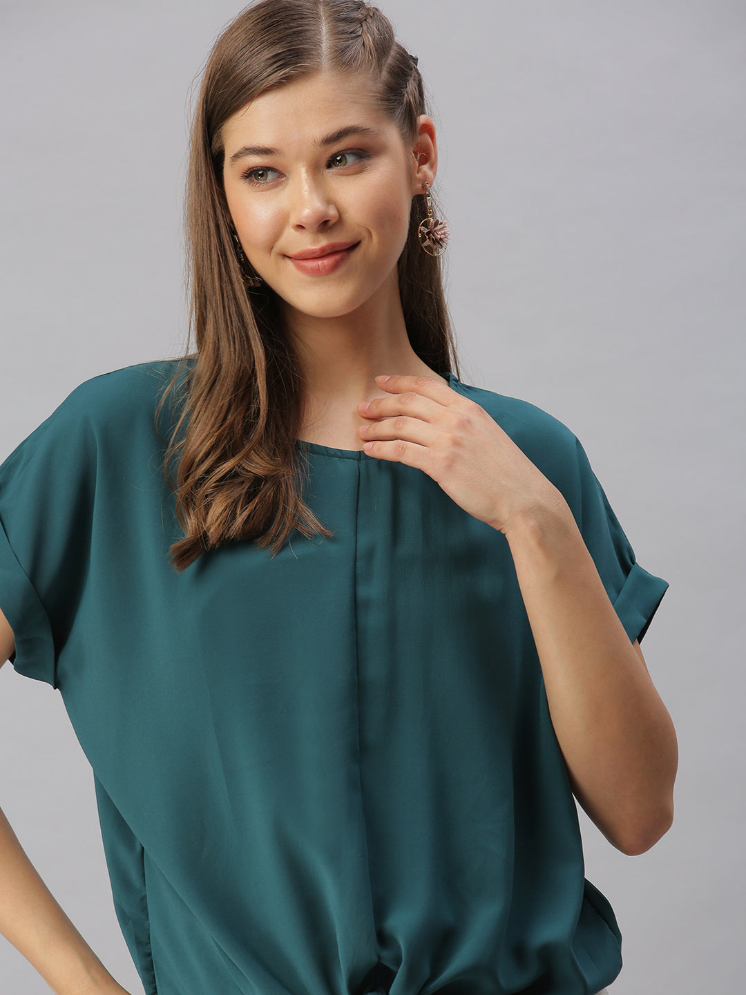 Women Solid Green Cinched Waist Top