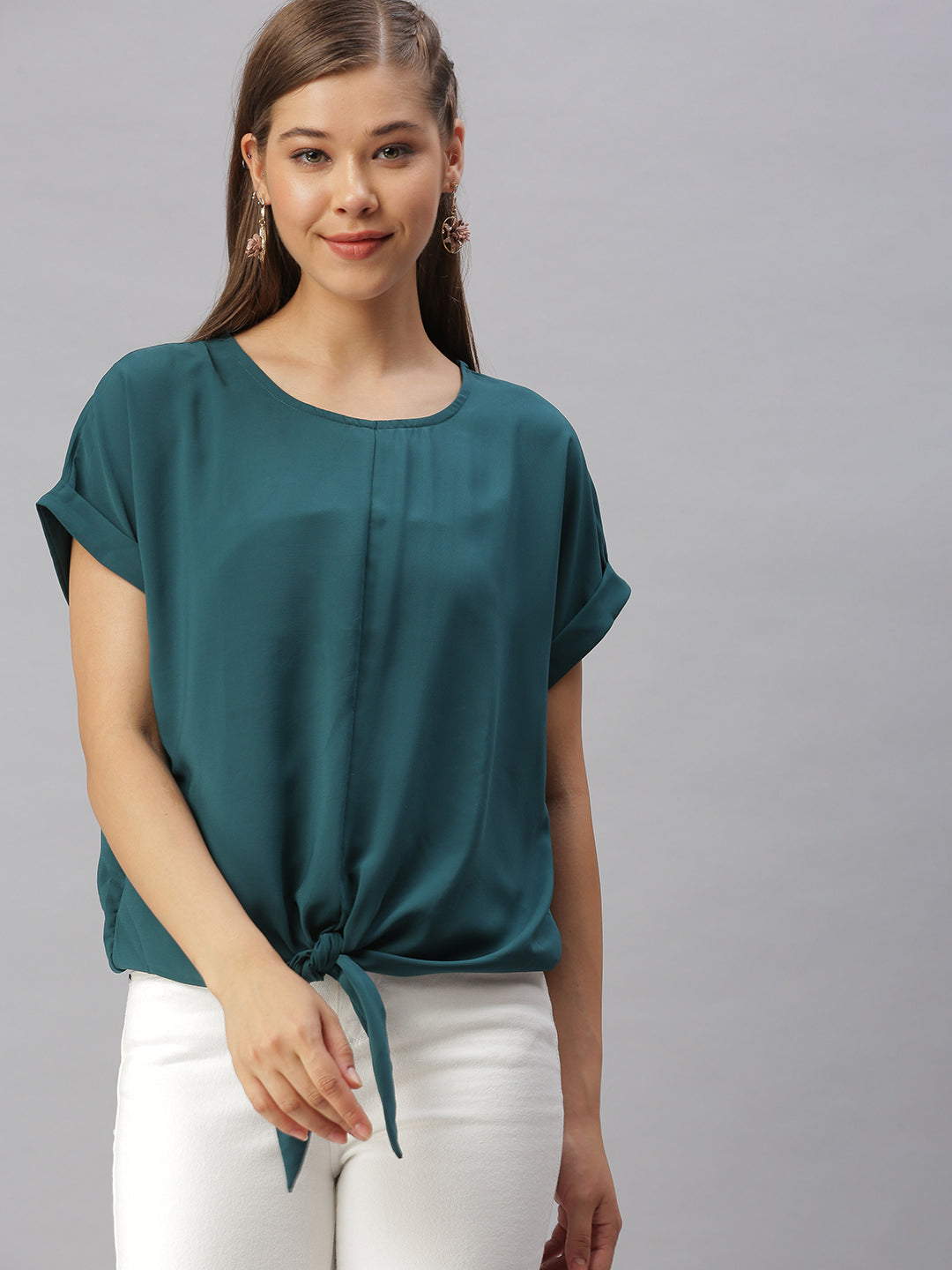 Women Solid Green Cinched Waist Top