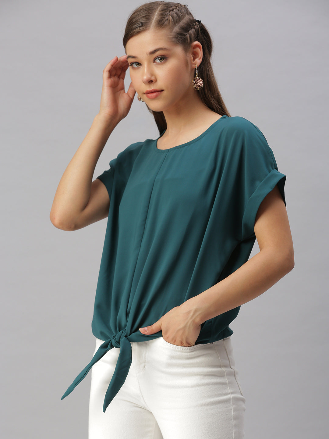 Women Solid Green Cinched Waist Top