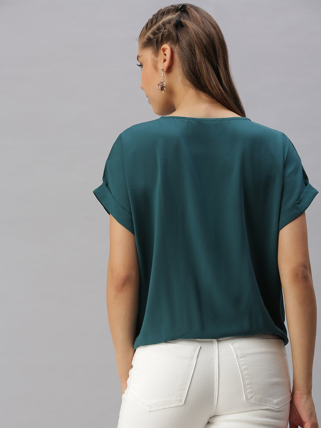 Women Solid Green Cinched Waist Top