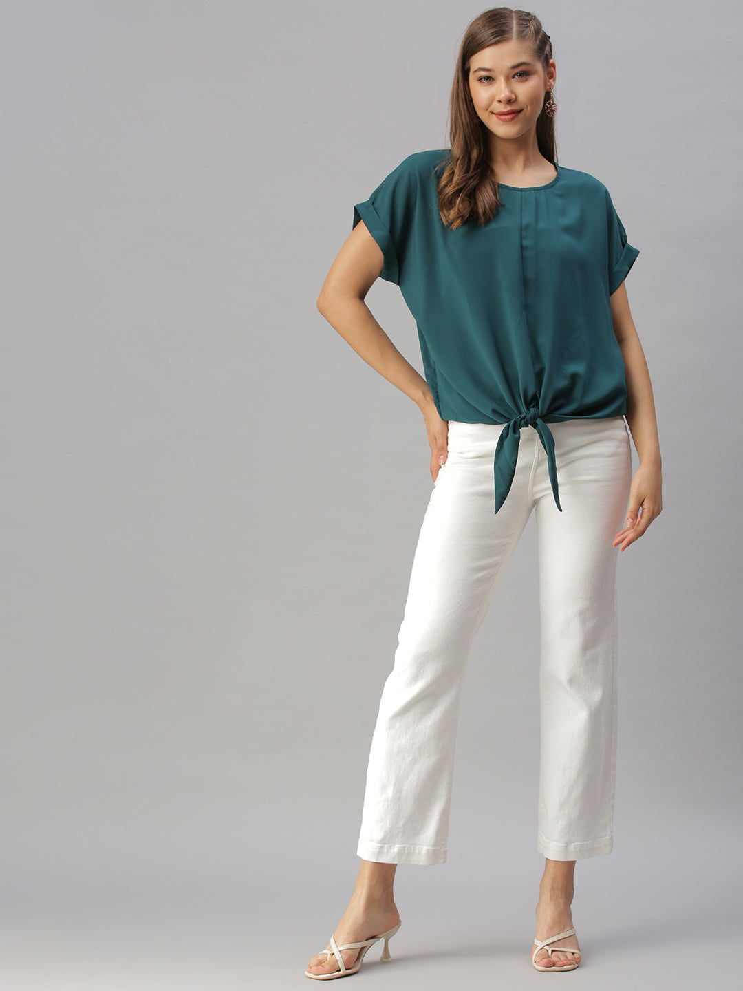 Women Solid Green Cinched Waist Top