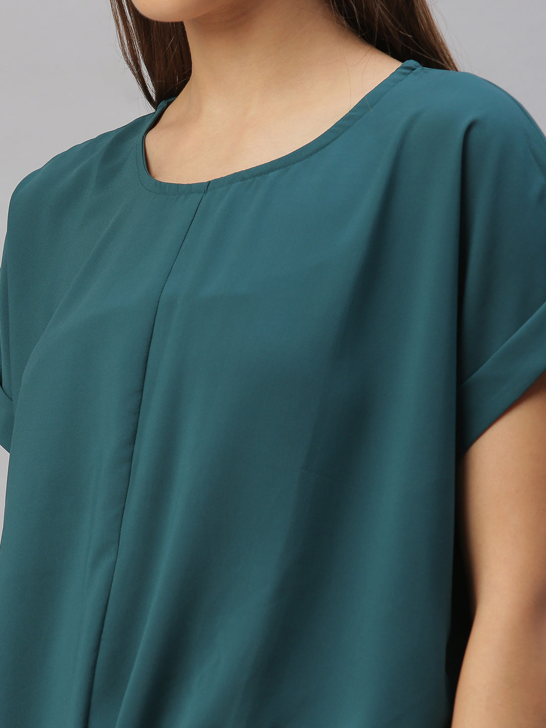 Women Solid Green Cinched Waist Top