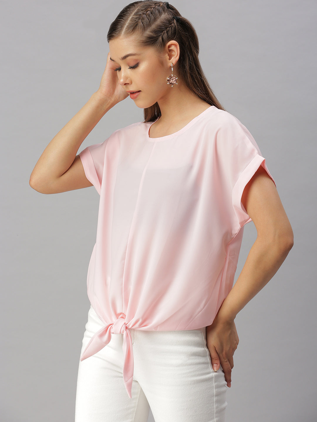 Women Solid Pink Cinched Waist Top