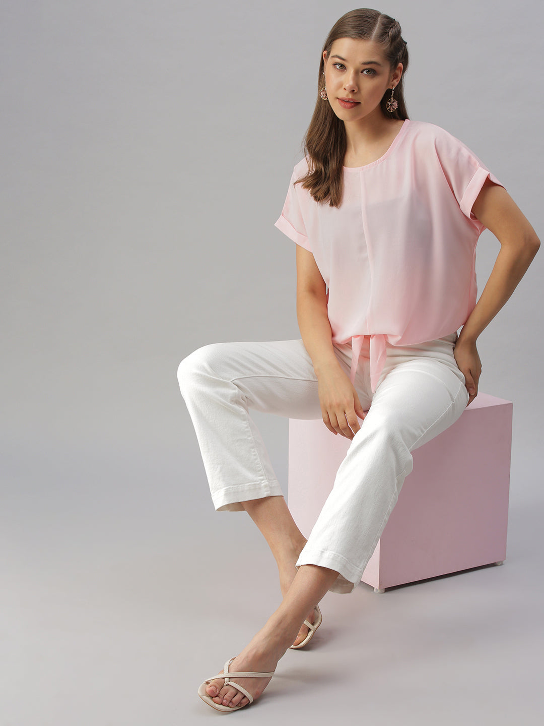 Women Solid Pink Cinched Waist Top