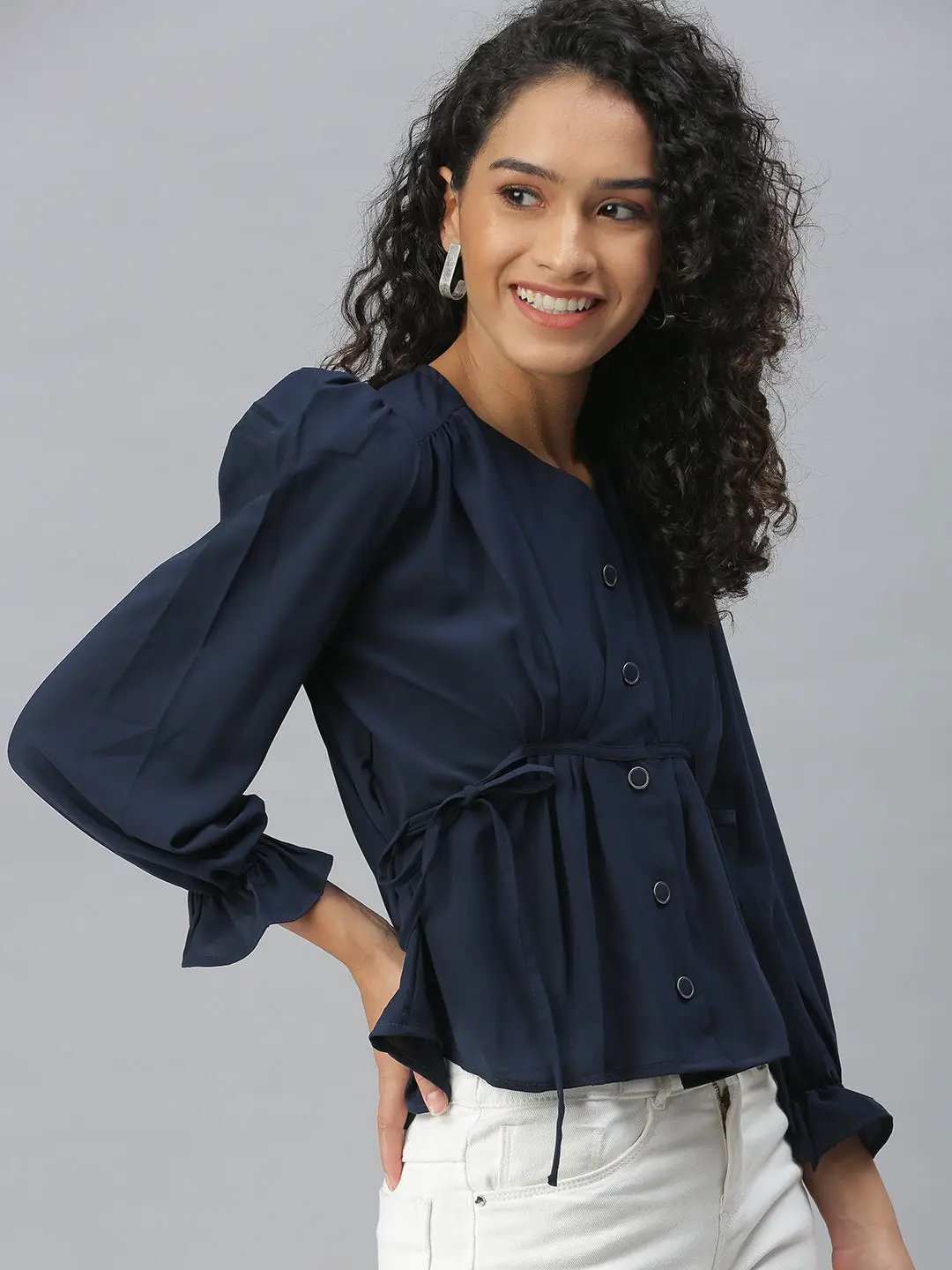 Women's Navy Blue Puff Sleeve V-Neck Shirt Style Top