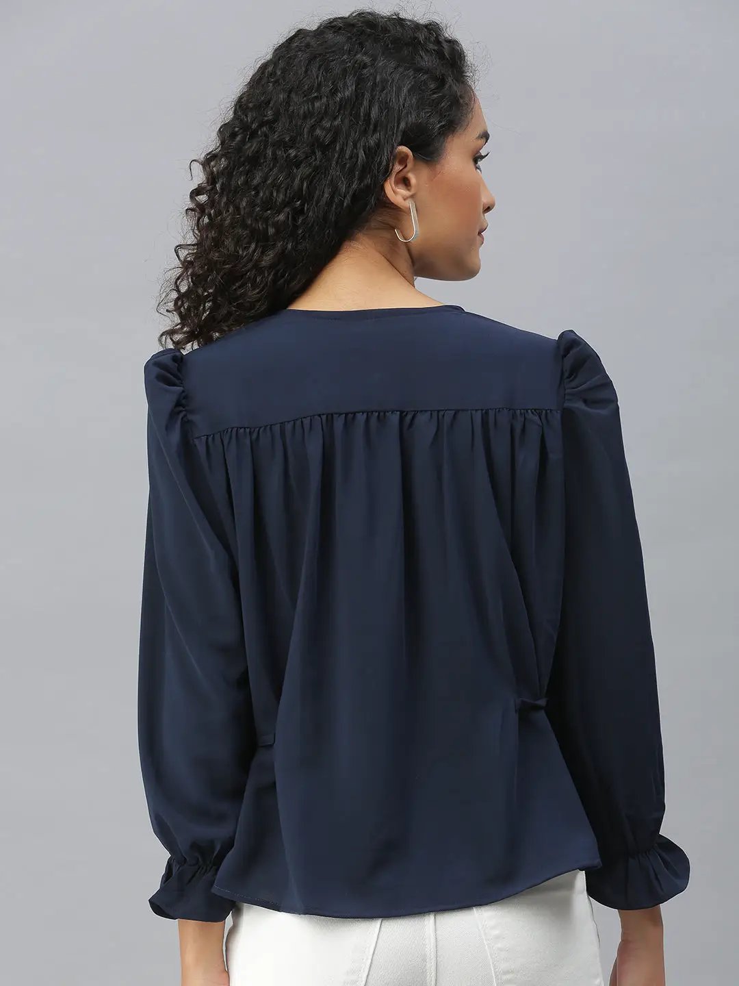 Women's Navy Blue Puff Sleeve V-Neck Shirt Style Top