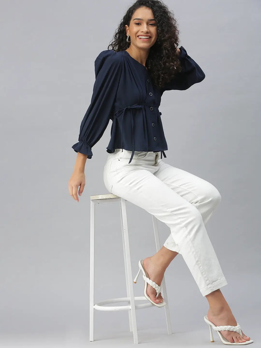 Women's Navy Blue Puff Sleeve V-Neck Shirt Style Top