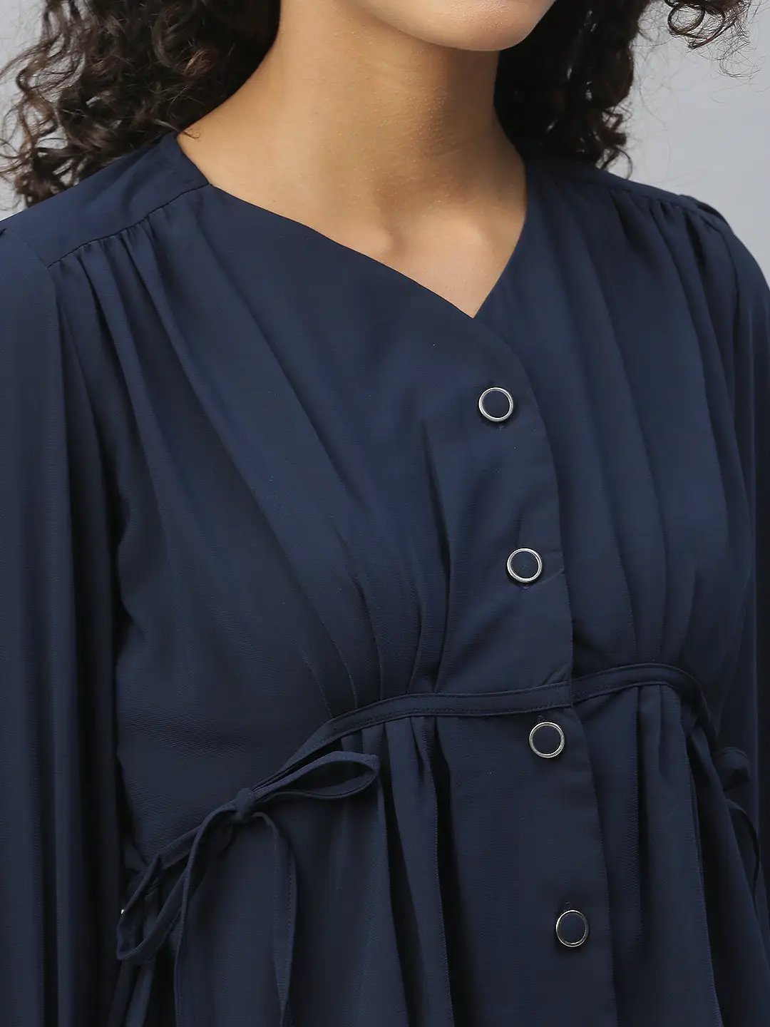 Women's Navy Blue Puff Sleeve V-Neck Shirt Style Top