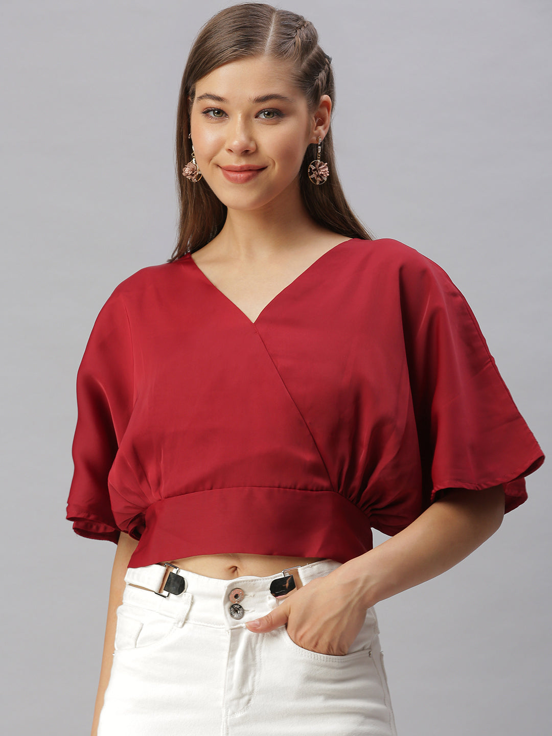 Women V-Neck Solid Maroon Cinched Waist Top