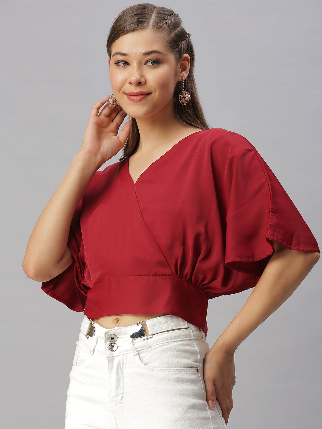 Women V-Neck Solid Maroon Cinched Waist Top