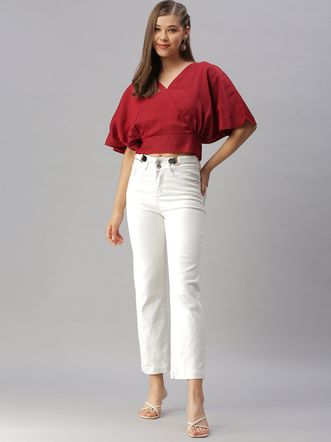 Women V-Neck Solid Maroon Cinched Waist Top