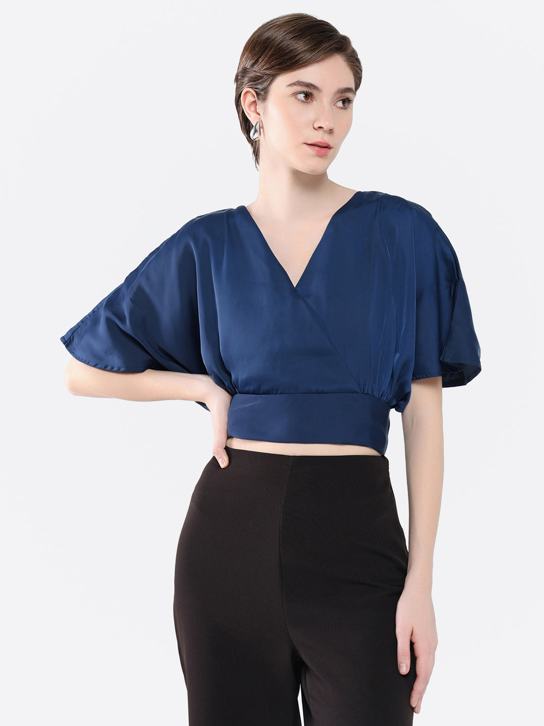 Women Solid Navy Blue Blouson Top