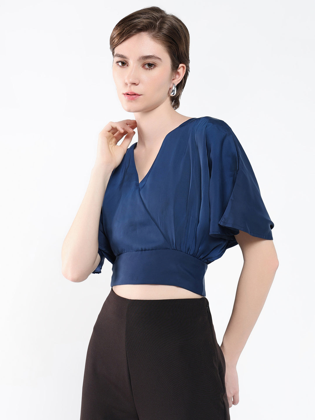 Women Solid Navy Blue Blouson Top