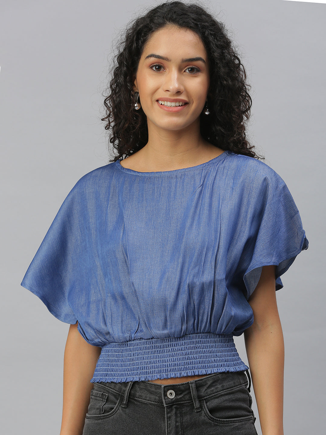 Women Solid Blue Cinched Waist Top