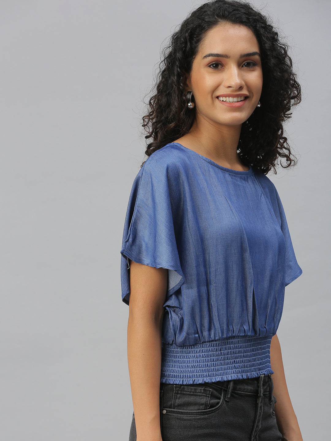 Women Solid Blue Cinched Waist Top